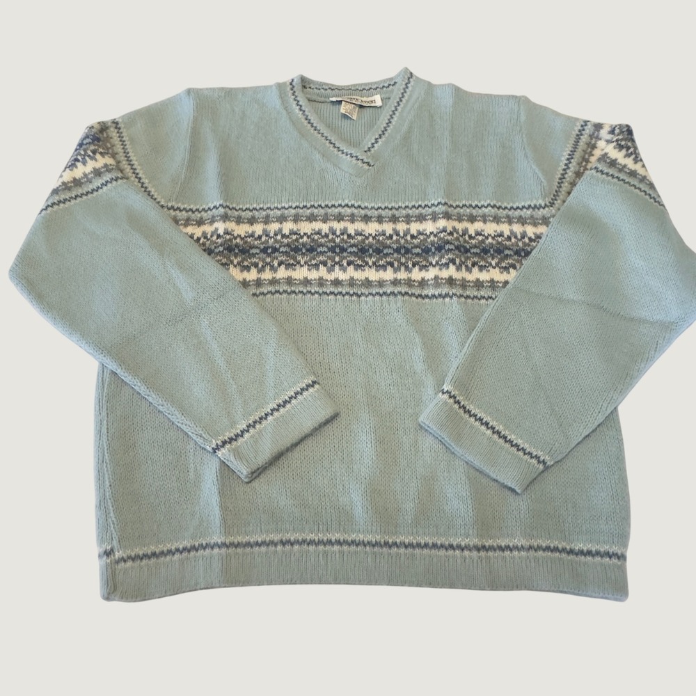 Private Eyes Vintage Fair Isle V-Neck Sweater Light Blue Nordic Knit Made in USA